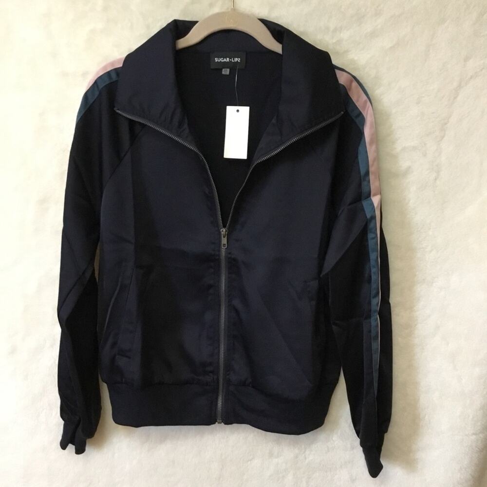 Navy Multicolor Stripe Detail Zip-Up Front Sports Jacket